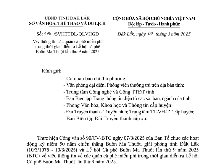 Về việc thông tin các quán cà phê miễn phí   trong thời gian diễn ra Lễ hội cà phê   Buôn Ma Thuột lần thứ 9 năm 2025